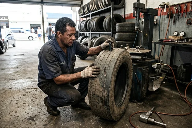 Profissional examinando pneus desgastados em uma borracharia em Vitória/ES.